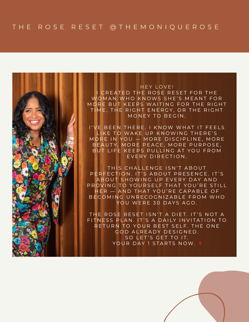 Woman standing next to a text on a brown background with 'The Rose Reset' branding.